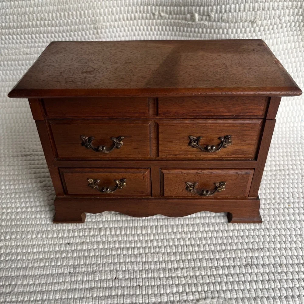 Vintage Wood Jewelry Box Miniature Dresser Chest Blue Lining Mirror Drawer